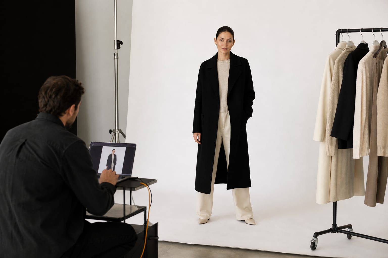 An e-commerce shoot A model at an e-commerce shoot in front of a plain backdrop presenting a garment