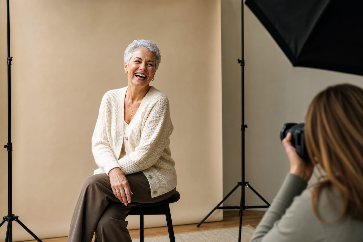 An older model A grey-haired older model at an advertising shoot
