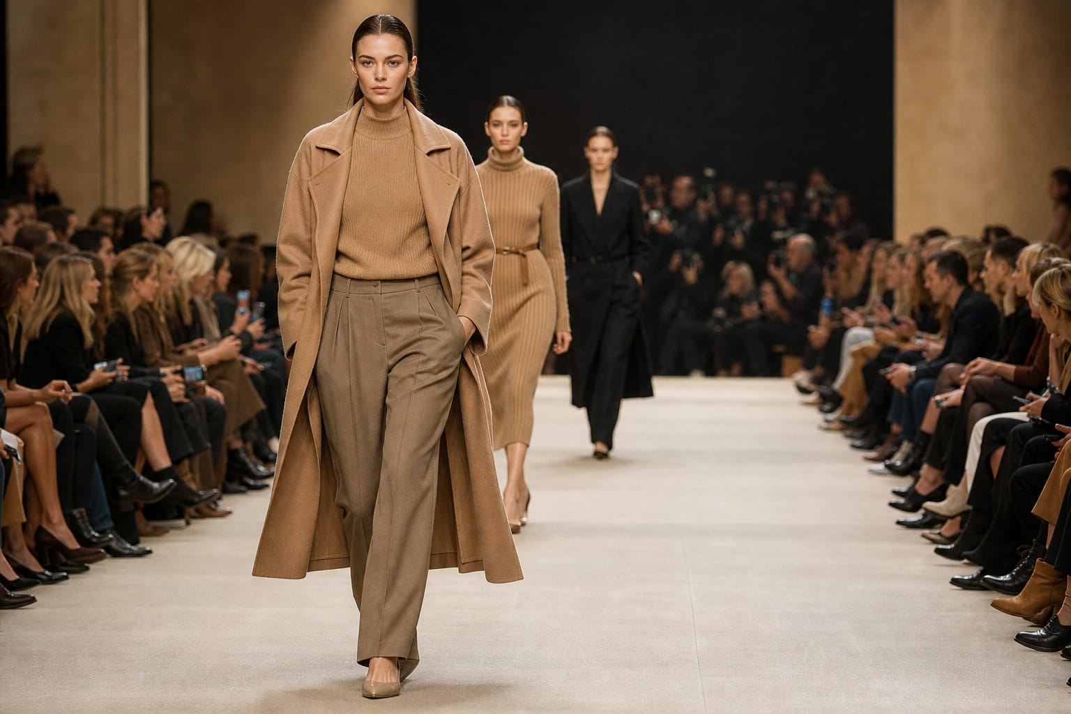 A runway model at a fashion show A runway model walking in a fashion show with the audience seated on both sides